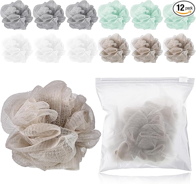 12 Pcs Travel Size Loofah Individually Wrapped, Small Shower Puff Bath Sponge Pouf Ball Bulk Mesh Bath Puff Mini Loofah Sponge with Case Bulk for Shower Care (25g,Multicolor)