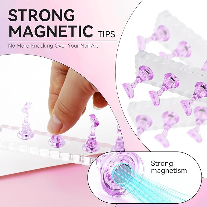 Nail Stand For Press On Acrylic Strong Magnetic Nail Holder Kit For Painting Nails Tip Arts Display With 200PCS Double-Sided Tape And 1 Heart Shaped Acrylic Magnetic Presson Stand (Clear And Purple, Medium)