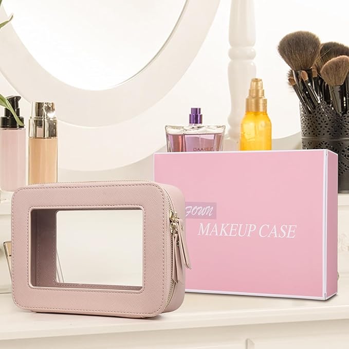 Clear Makeup Bag Women's Waterproof Travel Cosmetic Case and Toiletry Bag Portable Makeup Organizer Bag Car Essential with Zipper (Pink, M)
