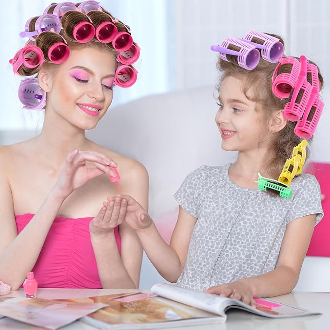 WILLBOND 65 Pieces Magnetic Hair Rollers Set Plastic Rollers Curlers with Clips 4 Sizes for Long Medium Short Hair, Duck Clips Hairnet Hairdressing Styling Tool(Light Color)