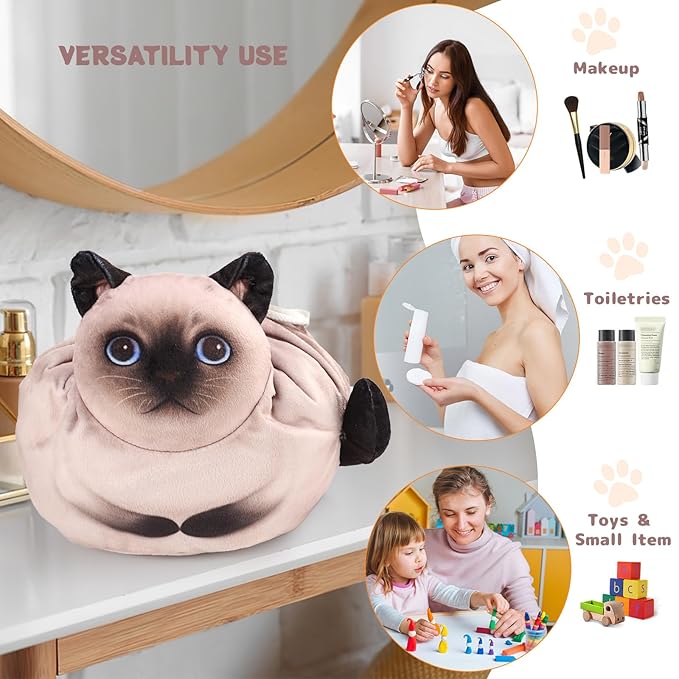 Drawstring Makeup Bag - Travel Organizer, Cosmetic Pouch, Cat Gift for Women, Lay Flat Bag for Cat Lovers
