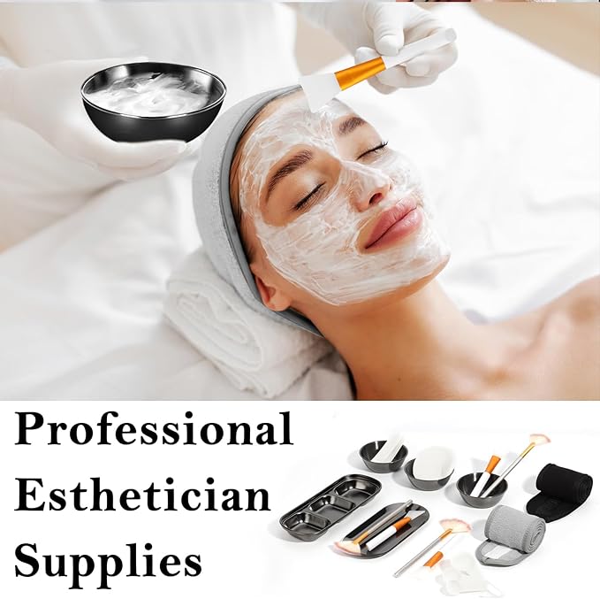 28 Black Facial Supplies 3 Facial Mask Mixing Bowls 3 Facial Fan Brushes 3 Mask Applicator Brushes 3 Mask Measuring Spoons Skincare Tray 3-Compartment Serving Tray 12 Facial Sponges 2 Spa Headbands