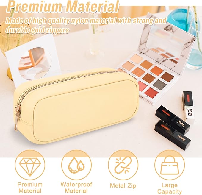 Nylon Small Makeup Bag Slim Cosmetic Zipper Pouch, Preppy Makeup Brush Bag Compact Make up Pouch Toiletry Bag, Waterproof Zipper Purse Travel Coin Pouch Storage Bag for Women Girls Teens(Beige)