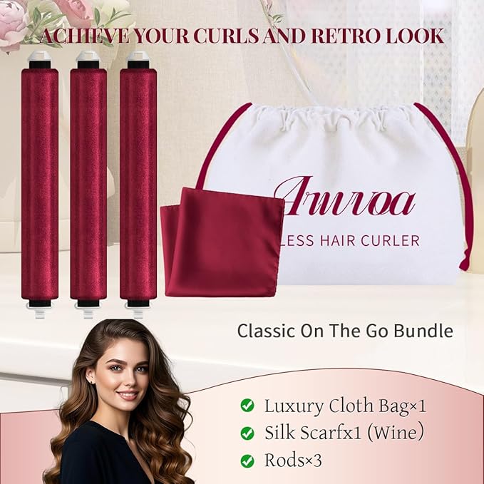 Heatless Hair Curler Heatless Curls Overnight Heatless Blowout with Luxury Cloth Bag Silk Scarf, Curling Rod Headband to Sleep in No Heat Curling with (burgundy, 3Rods)