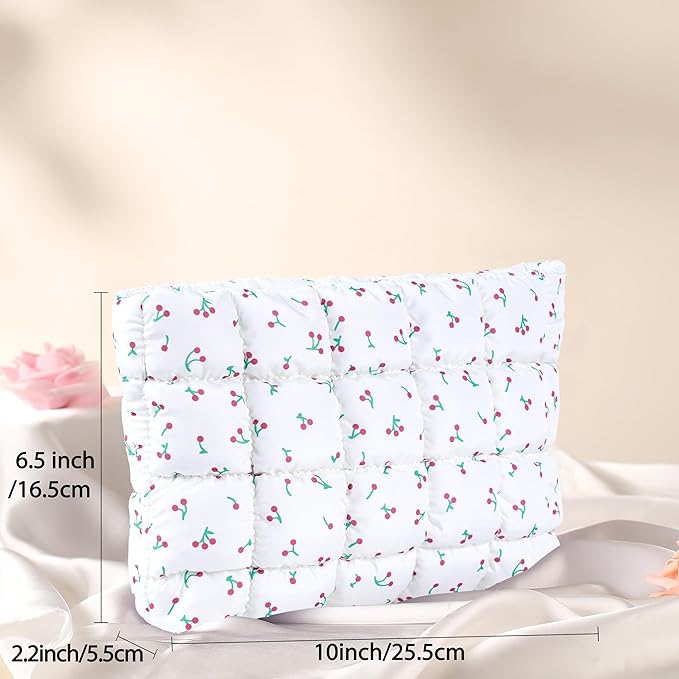 Puffy Quilted Makeup Bag, Cosmetic Bag, Travel Toiletry Organizer Pouch, Clutch for Women (Cherry)