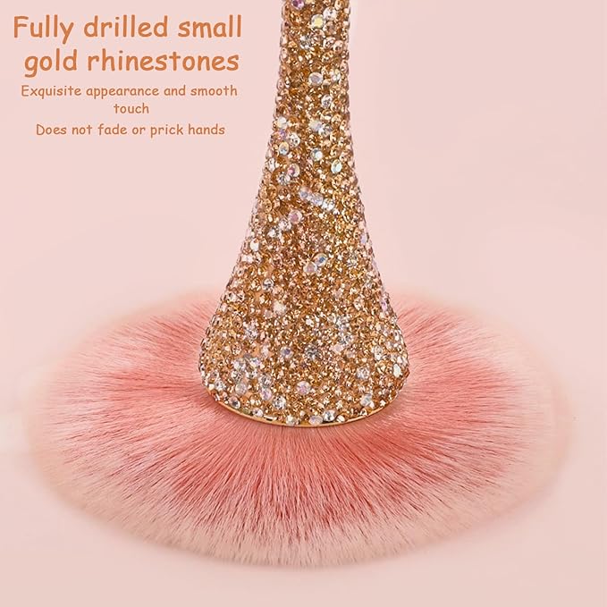 WOKOTO 1pcs Gold Rhinestone Nail Dust Brushes For Acrylic Nails Powder Remover Brushes Loose Face Cosmetics Blending Liquid Foundation Powder Make Up Brushes Nail Trimming Cleaning Tools