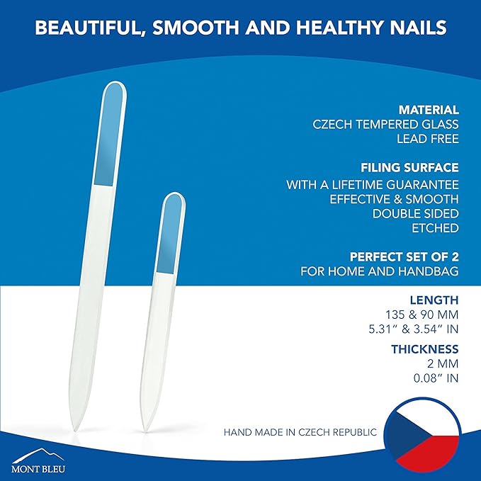 Mont Bleu Premium Set of 2 Glass Nail Files Hand Decorated with Crystals - in Black Velvet Sleeve - Genuine Czech Tempered Glass - Mothers Day Gifts - Fingernail File for Natural Nails