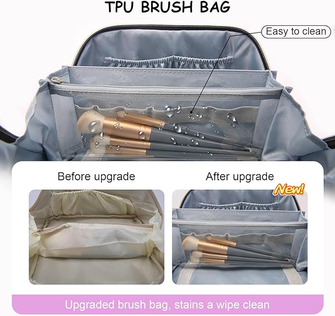 BOYATU Travel Makeup Bag Organizer Cosmetic Bag: 3 Pcs Set Make up Bags for Women with Handle - Waterproof Vegan Leather Toiletry Bags Travel Essentials Pouch with Compartments (01-F-Purple)