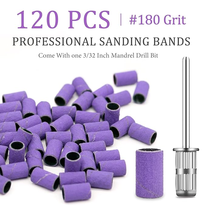 120Pcs Nail Drill Bits Sanding Bands with Nail Drill Bits, Professional Sand Band 180# Fine Grit Nail File Sanding Bands for Acrylic Nails Manicures and Pedicure