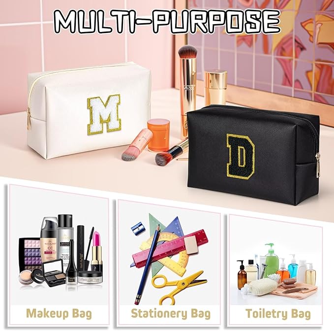 TOPEAST Preppy Stuff Cute Makeup Bag Small Cosmetic Bag Travel Toiletry Bag, Personalized Birthday Wedding Gifts for Mom Teacher Friends Bridesmaids, Preppy Travel Stuff for Girls (Black N)