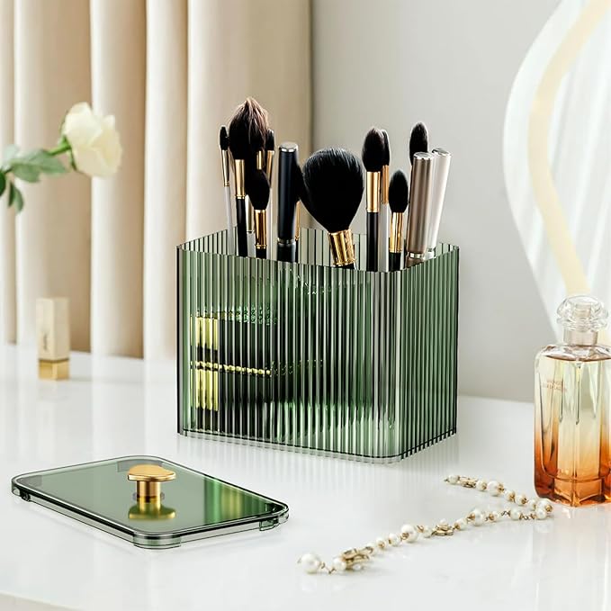Qtips Holder Bathroom Container 3-Section Bathroom Organizer Dispenser 3 Grids Cotton Ball/Swab/Pad Holder Jar Organizer Cosmetics Storage for Vanity Green