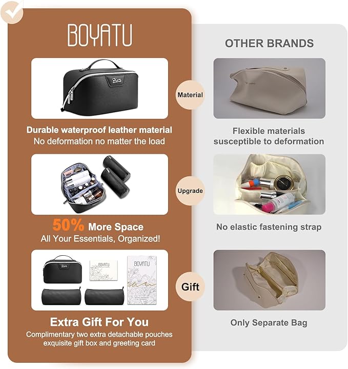 BOYATU Travel Makeup Bag Cosmetic Bags for Women: Large Capacity 3 Pcs Set Make up Bag with Compartments - Waterproof Vegan Leather Toiletry Organizer Bags with Handle (N-67Black)