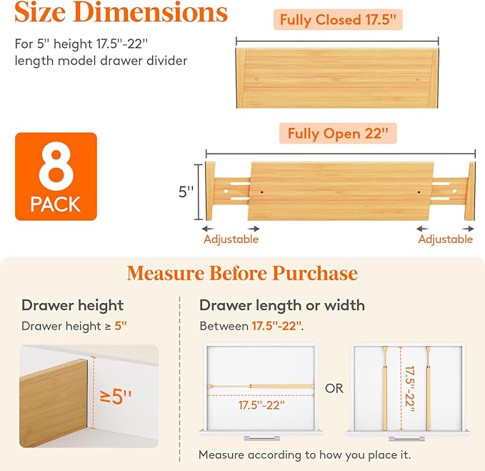 Lifewit 8 Pack 5" Deep Bamboo Drawer Dividers, 17.5-22" Expandable Drawer Organizers for Clothes, Adjustable Dresser Drawer Divider, Clothing Drawer Separators for Dresser, Bedroom, Bathroom, Kitchen