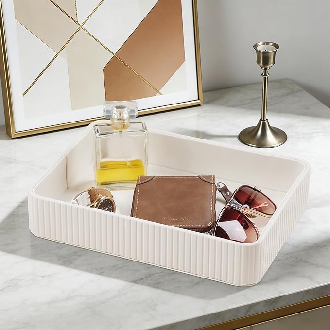 2 Pack Nightstand Organizer Tray, Decorative Perfume Valet Tray Trinket Dish Catch All Purse Key Bowl, PU Leather Coffee Table Trays for Vanity Dresser Bedside Bathroom Countertop (Ivory)