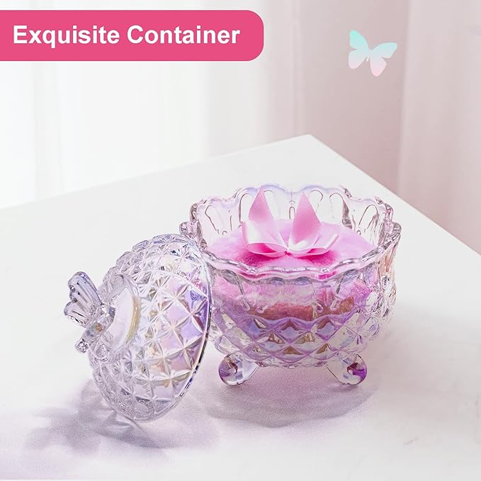 5 Pieces Large Body Powder Puff and Powder Container, Crystal Case for Dust Puff, Powder applicator with Box for Face and Body (Glitter, Butterfly)