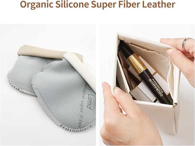2 Pack Small Makeup Bag for Women, New Organosilicon Super Fiber Leather Mini Cosmetic Bag for Travel, Coin Purse Organizer Storage Pouch (Cream-Printed with Phrase)