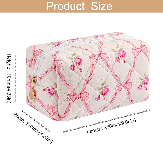 Makeup Bag Travel Cosmetic Bag for Women Girls, Zipper Make Up Pouch, Floral Flowers Toiletry Organizer Makeup, Portable Storage Bag, Cosmetic Travel Cloth Bag (Pink Bowknot+Blue Bowknot)