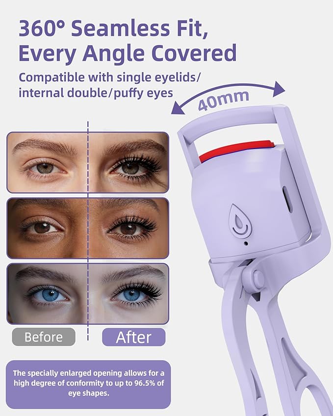 Heated Eyelash Curler, 5s Fast Heating Electric Eyelash Curler, Safe Anti-Burn Eyelash Curlers with Silicone Pad, Type-C Quick Charge, Intelligent Temp Control, 24H Long-Lasting Curls (Purple)