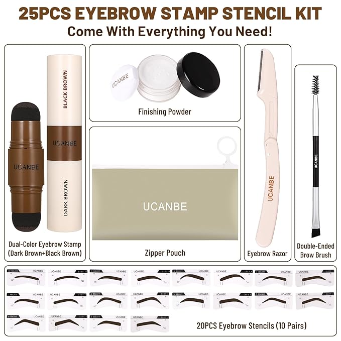 UCANBE 25PCS Eyebrow Stamp Stencil Kit With Dual-Color Eyebrow Stamp Pomade,20 Reusable Eyebrow Stencils,Finising Powder,Brush,Eyebrow Razor,Zipper Pouch,Waterproof Eye Brow Stamping and Shaping Kit04