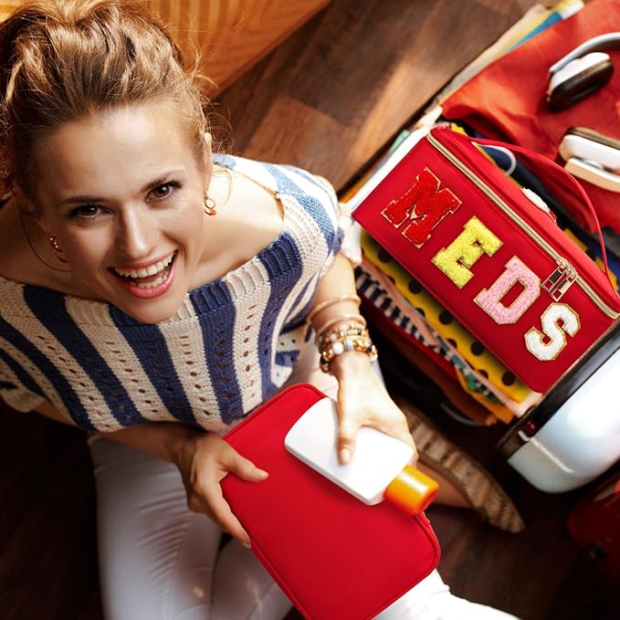 Geetery Clear Makeup Bag Chenille Letter Meds Bag Travel Cases Preppy Patch with Zipper, Portable Cosmetic Toiletry Storage case for Women(Meds,Red)