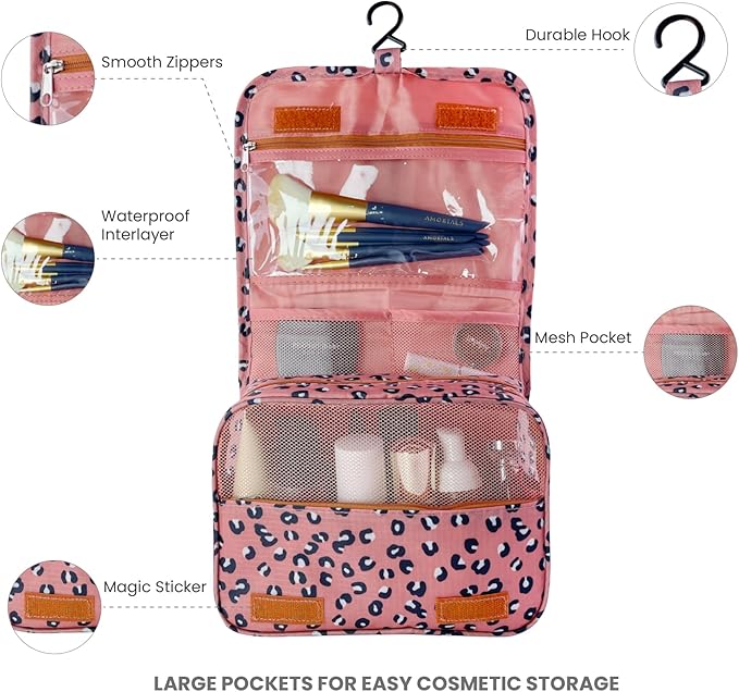 Large Capacity Toiletry Bag Travel Bag with Hanging Hook for Men and Women Waterproof Travel Cosmetic Bag Bathroom Storage Bag for Brushes Set,Full-Sized Shampoo,Accessories-Pink Smile