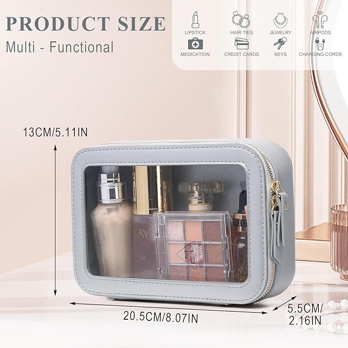 Clear Makeup Bag Small Cosmetic & Toiletry Bag Waterproof Travel Case Women's Pouch Organizer Makeup Bag for Car with Zipper Women (Gray, Small-1)