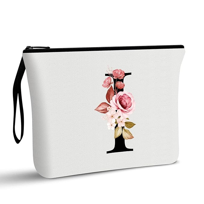 Vavabox A-Z Personalized Makeup Bag, Birthday Gifts for Women Mom, Gifts for Best Friend, Bride Bridesmaid Cosmetic bag (I, White)