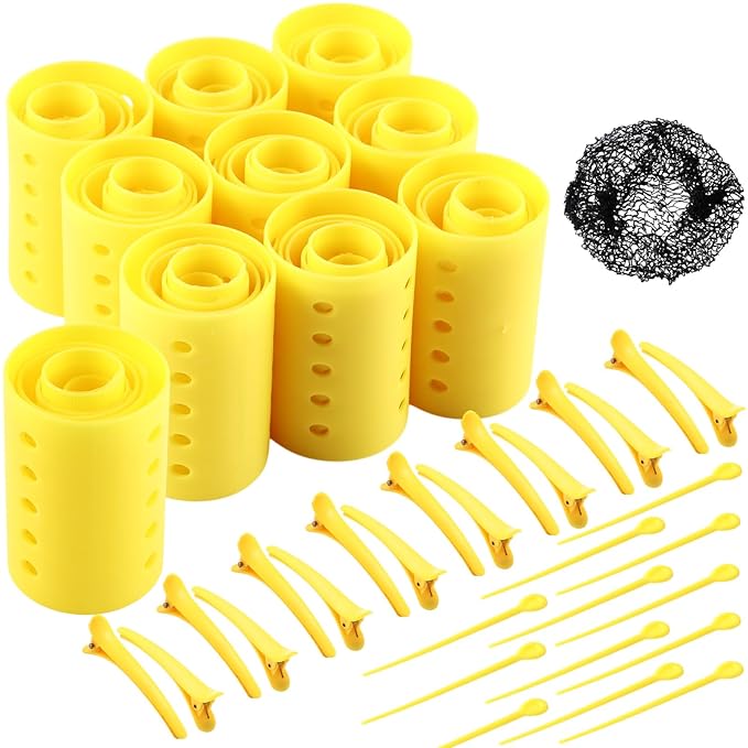 WILLBOND 141 Pieces Hair Rollers Set Include 60 Plastic Hair Rollers(Yellow,6 Sizes)
