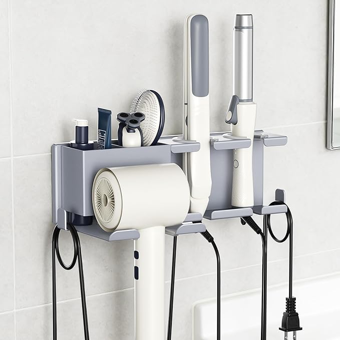 Blow Dryer Holder, 2 Installation Methods (Adhesive & Screws) Hair Dryer Holder Wall Mounted, Metal Hair Tool Organizer for Curling Iron, Straightener, Bathroom Wall Organizer, Gray