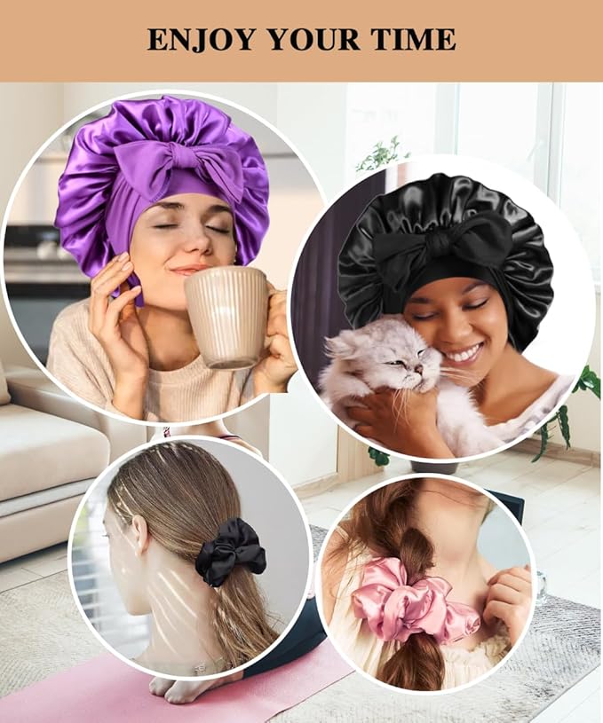 2+3 Large Satin Bonnets with Scrunchies for Women, Hair Bonnet Sleeping Tie Bonnet for Braids Curly Hair