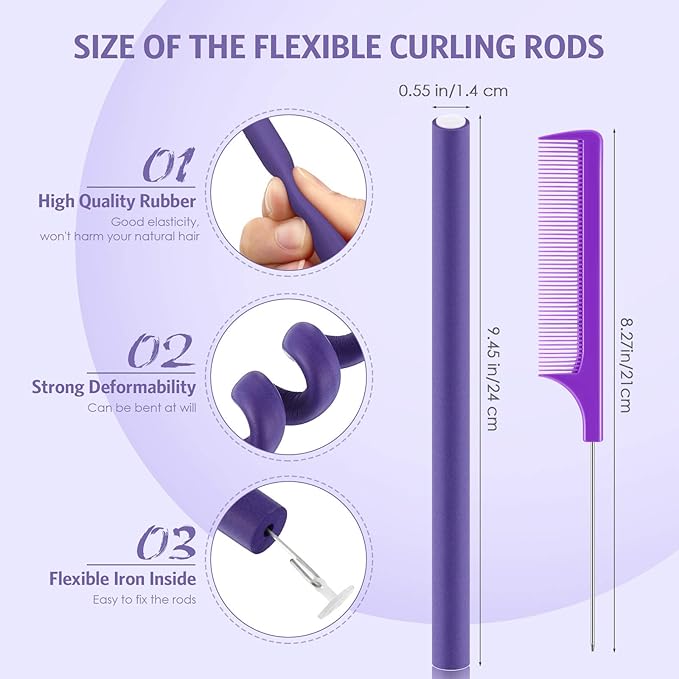 Syhood 30 Pcs Flexible Curling Rods 9.45 Twist Foam Rollers Soft Foam No Heat Hair Rods Rollers and 1 Steel Pintail Comb Rat Tail Comb for Women Long Short Hair(Purple,9.45 x 0.55 Inch)
