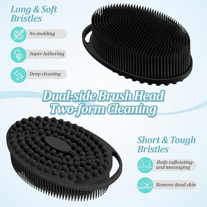 Silicone Back/Body/Face Scrubber & Soft Bath Glove Set 4PCS, Gentle Exfoliating Back & Body Scrubber with Dual-Side Brush Head, Hand-fit Bath Glove & Face Scrubber for Deep Cleaning(Black-4PC)
