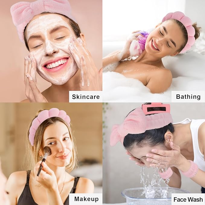 Canitor Spa Headband Wrist Bands Set with Hair Clips Skincare for Washing Face Skin Care Makeup Preppy Tween Teen Girl Gifts Cute Trendy Stuff Hair Accessories for Women (pink)