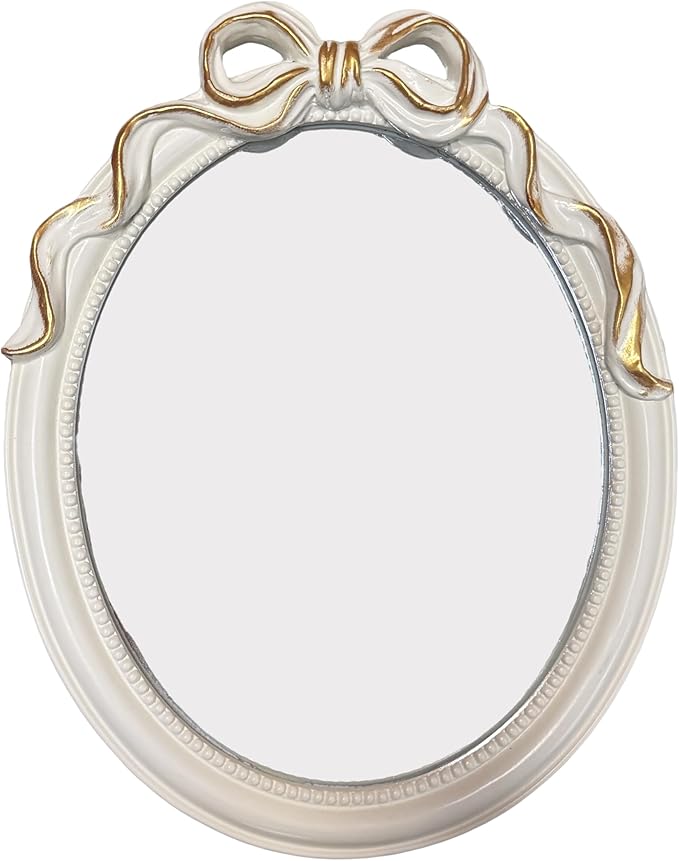 Vintage Vanity Desk Mirror -13x10Inch Wall-Mounted & Tabletop Decorative Ornate Gold Accent Retro Makeup Mirror for Bedroom Dresser Bathroom Living Room Oval