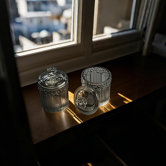 PENCK 2pcs Elegant Glass Qtip Holder Cute Apothecary Jars with Lid Stylish Hair Ties Candy Jar Bathroom Canister Essentials Accessories Decor Makeup Storage Organizer for Cotton Swabs, Balls (Gray)