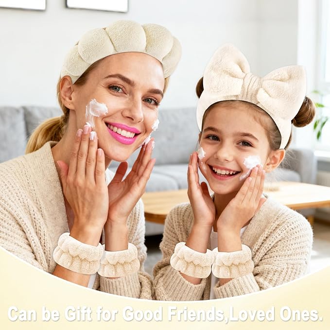 Zkptops 5Pcs Spa Headband for Washing Face Wristband Set Sponge Makeup Skincare Terry Cloth Bubble Soft Hairband Claw Clips for Thick Hair Puffy Padded Headwear Non Slip Hairs Accessory (Beige)