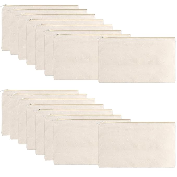 meekoo 16 Pack Blank Canvas Pouch Zipper Cosmetic Bag Bulk Plain Makeup Pouch Sublimation DIY Craft Multipurpose Travel Toiletry Bag for Makeup Cosmetic Stationary Storage Organizer(S,Beige)
