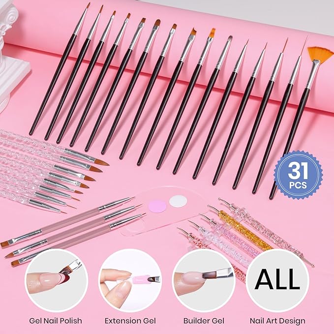 Beetles 31pcs Nail Art Brushes, Nail Art Pens, Dotting Tools, Dust Brush, Striping Liner Fingernail Drawing Pens with Palette Holder All in One for Starter Manicure Design Set