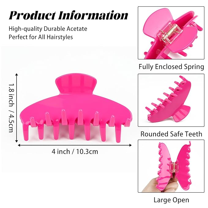MAORULU Premium Durable Acetate Hair Claw Clips for Women Girls, 4 Inch Large Cute Jaw Clip for Thick or Thin Hair, Vintage Y2K Hair Clips (Hot Pink)