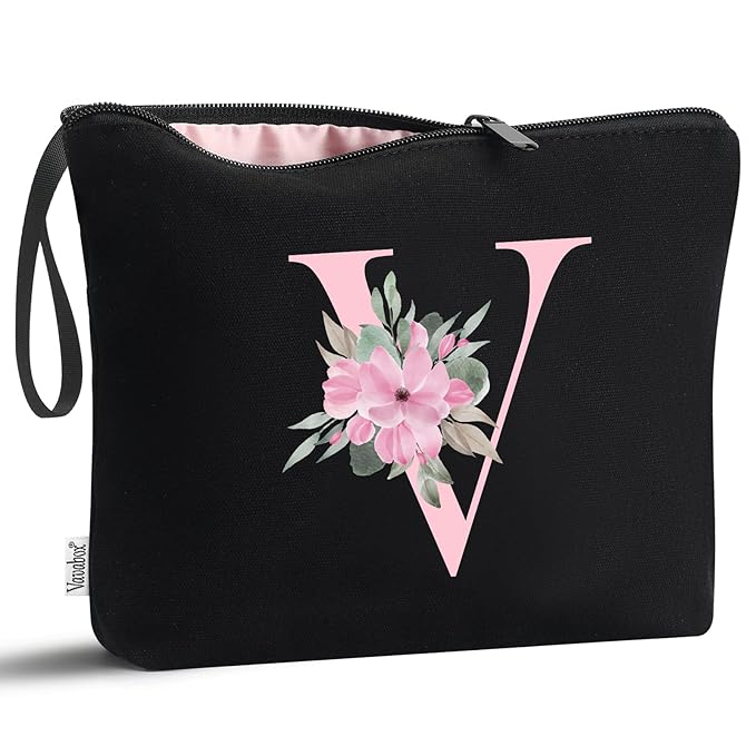 Vavabox A-Z Personalized Makeup Bag, Birthday Gifts for Women Mom, Gifts for Best Friend, Bride Bridesmaid Cosmetic bag (V, Black)