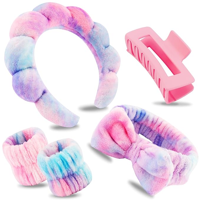 Canitor Spa Headband Wrist Bands with Hair Clips Skincare Makeup Self Skin Care Washing Face Vanity Accessories Things Teens Teenager Tween Clean Girl Gifts Cute Tie Dye Trendy Stuff