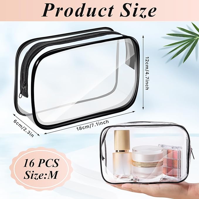 16 PCS Clear Makeup Bags,Clear Toiletry Bags TSA Approved,Waterproof Clear Cosmetic Bags,PVC Travel Bag with Zipper,Portable Transparent Cosmetic Pouches for Women Men Vacation(Black,Medium)