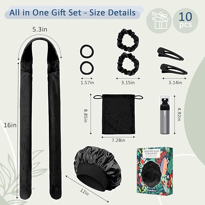 No Heat Overnight Curl Headband Set for Women and Girls - Soft Satin Bonnet with Rollers Wrap for Long Hair Curls, 10 PCS Gift Box - Black