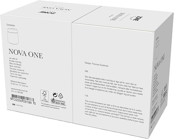 Zone Denmark Nova One Ceramic Storage Box with Lid for Bathroom Utensils such as Cotton Pads & Cotton Buds Diameter 3.3", Height 3.39", Capacity 290 ml,Gull Grey