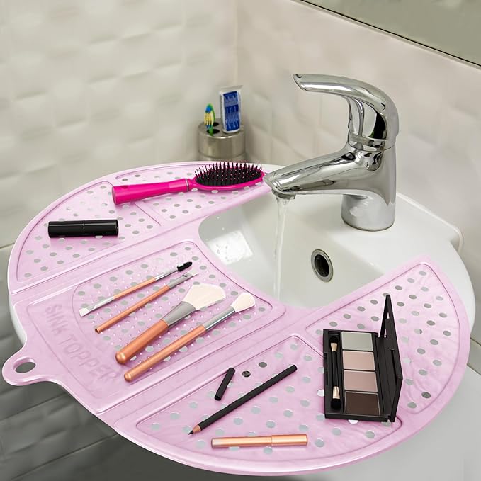 Sink Topper Bathroom Sink Cover for Counter Space & Storage Saver | RV Must Haves | Silicone Foldable Beauty Makeup Brush Cleaning Mat | Hot Tools Organizer | RV Sink Cover | Standard, Pink