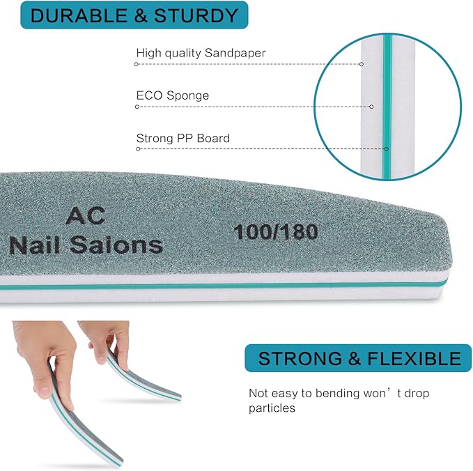 10PCS Professional Nail File 100/180 Grit, Durable Sandpaper Buffer Strong Board Core Natural Nails Emery Boards for Nails Nail Buffer Nail Filer Nail BufferNail Files Fingernail Files