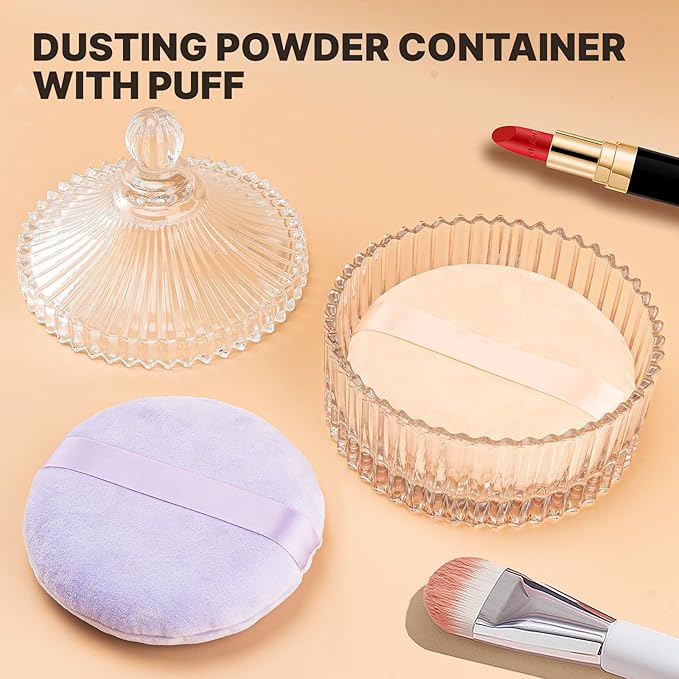 3 Pcs Extra Large Body Powder Puff and Container - 6 Inch Glass Dusting Powder Container with Puff, Body Powder Puff for Women Soft Washable Reusable Fluffy Makeup Wet Dry