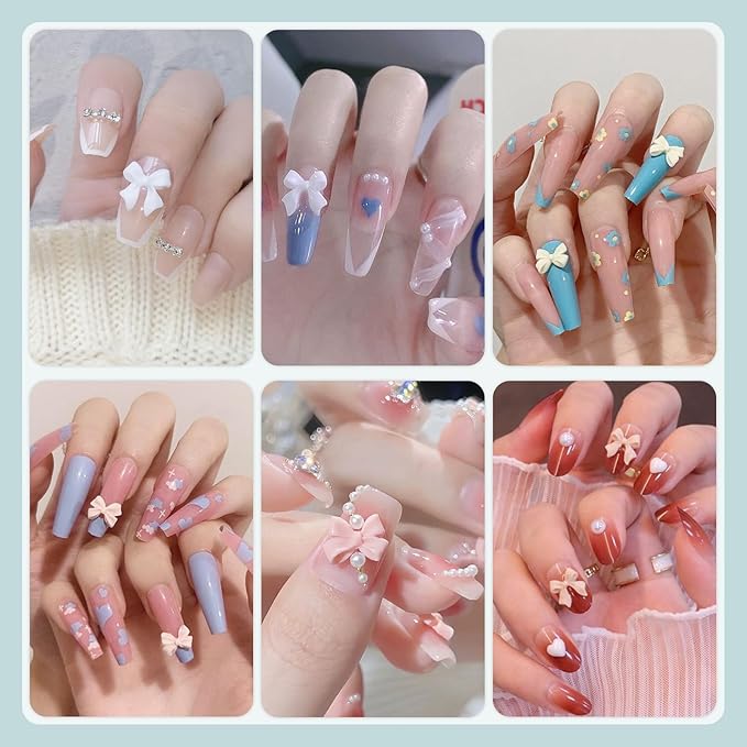 500 Pcs 3D Nail Charms and Flatback Pearls #11, 6 Colors Bow + Pink&White Star Heart Cute Charms + 2-6mm White Pearls for Nail Art Design with Nail Charm Glue(UV Needed) and Pickup Tools