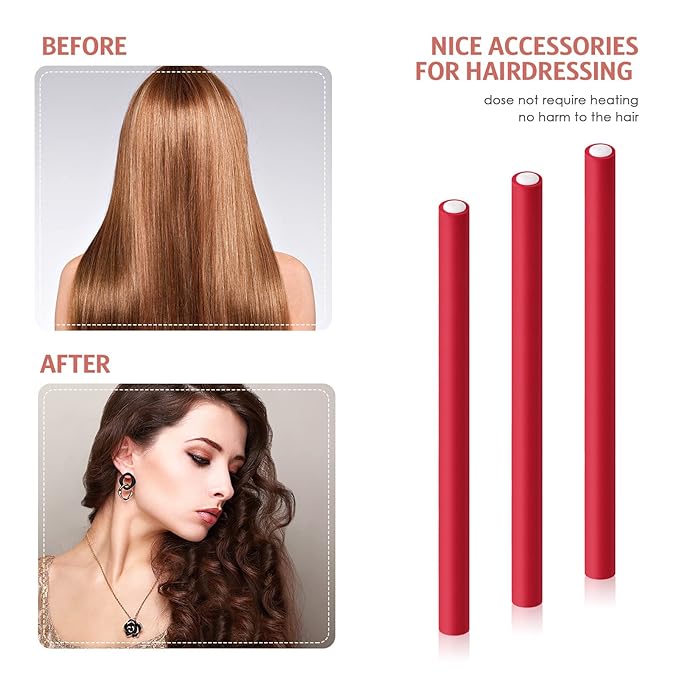 Syhood 30 Pieces Flexible Curling Rods Twist Hair Rollers Soft Foam Rods No Heat and 1 Pcs Steel Rat Tail Comb for Women Long and Short Hair(7 x 0.39 Inch,Red)
