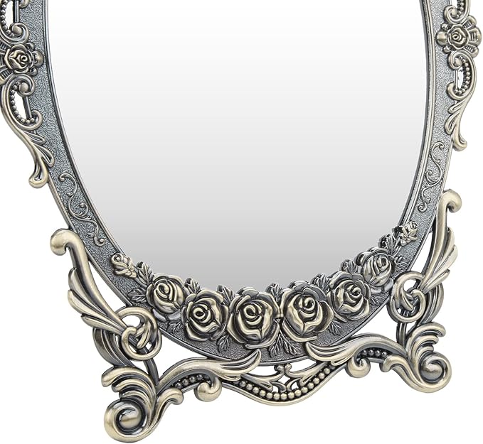 Cyrank Vintage Makeup Mirror, Oval Floral Mirror Decorative Tabletop Makeup Metal Vintage Cosmetic for Home Decorative(Bronze)
